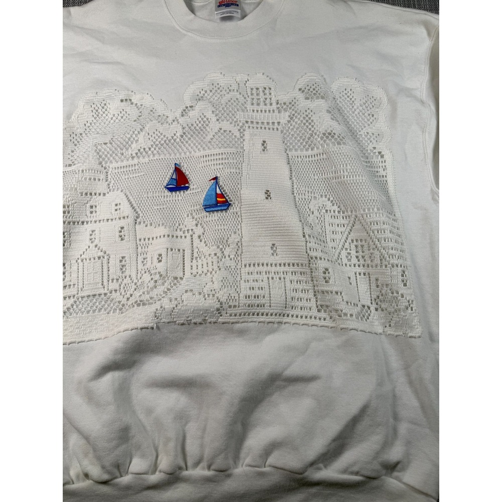 Vintage Hanes Nautical Cottagecore Grannycore Handmade Sweatshirt Womens L White - Picture 2 of 4